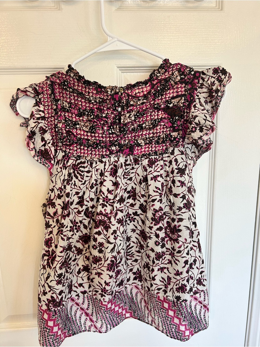 Ulla Johnson Nuru Cream Blouse with Pink & Black Print Flutter Sleeve Size 6 - Picture 3 of 6